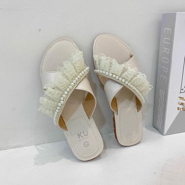 slippers shoes lace casual slipers women slides string bead luxury 2021 flat basic pu fashion, Black